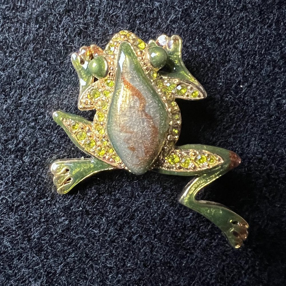 Vintage Gold and Green rhinestone Frog Brooch